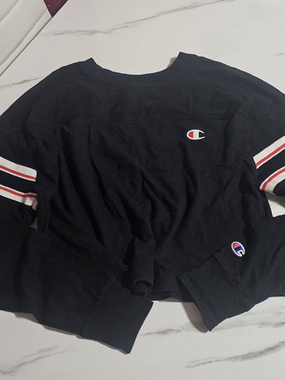 Champion Black Striped Sleeve Long-Sleeve Crop Top / Sweatshirt